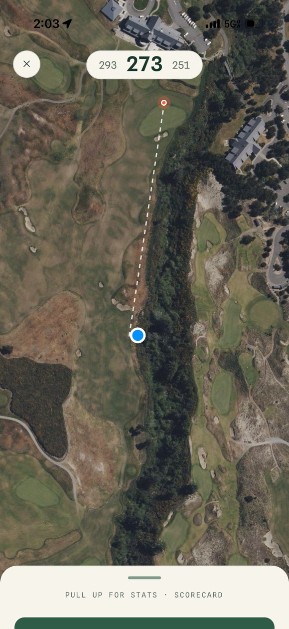 The Commons hole view: a satellite map of a par 4 with the line to the pin and 293 / 273 / 251 yard carries.